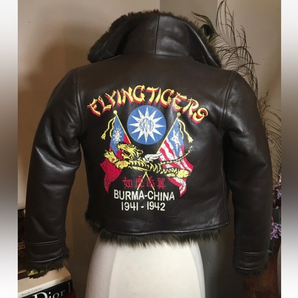 Flying Tigers Embroidered Leather Bomber Jacket - Brown